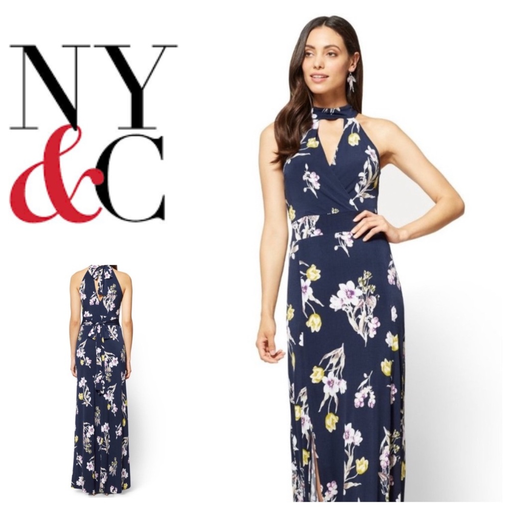 New York & Company Navy Floral Maxi Dress Sz: L